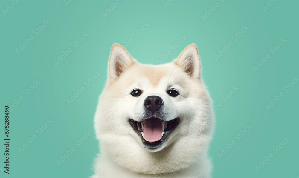 White SHiba Closeup portrait of funny, cute, happy white dog, looking at the camera with mouth open isolated on colored background. Copy space.