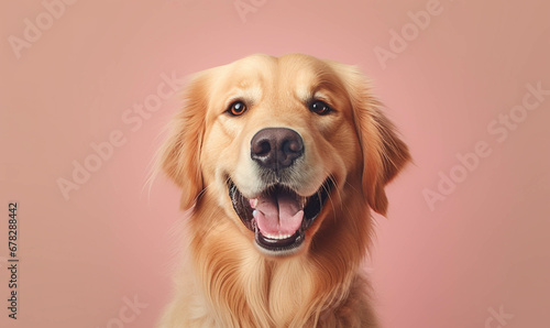 golden retriever dog, Closeup portrait of funny, cute, happy white dog, looking at the camera with mouth open isolated on colored background. Copy space.