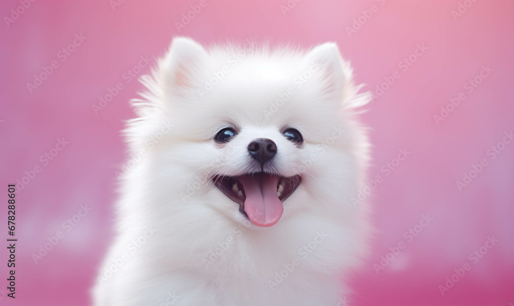 pomeranian Closeup portrait of funny, cute, happy white dog, looking at the camera with mouth open isolated on colored background. Copy space.