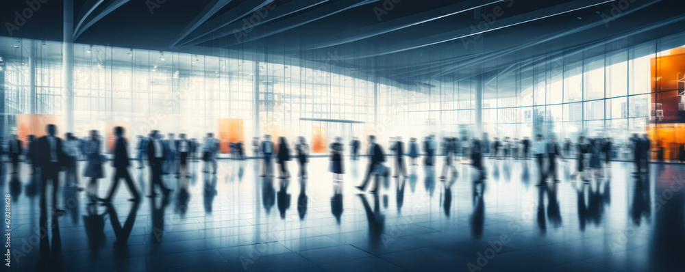 Obraz premium blurred business people walking at a trade fair, conference or walking in a modern hall, motion speed blur, wide panoramic banner