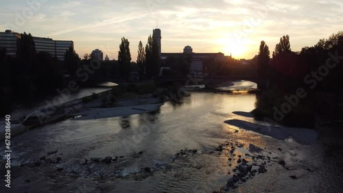 Aerial view of Munich city centre with Isar river flowing past the Deutsches Museum at sunrise photo