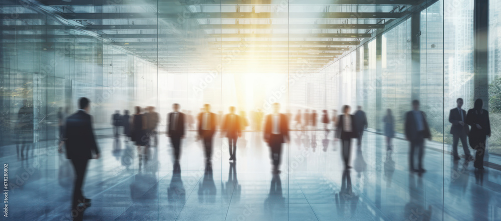 Modern Workspace: Blurred Business Professionals in White Glass Office. Modern Workspace: Blurred Business Professionals in White Glass Office.