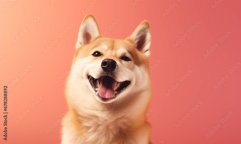 Shiba Closeup portrait of funny, cute, happy white dog, looking at the camera with mouth open isolated on colored background. Copy space.