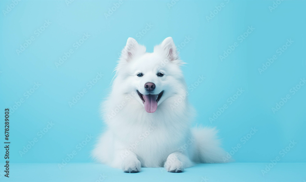 Closeup portrait of funny, cute, happy white dog, looking at the camera with mouth open isolated on colored background. Copy space.