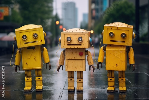 Three yellow robots with flashlight eyes stand in the rain on a city street, resembling animated parking meters. photo