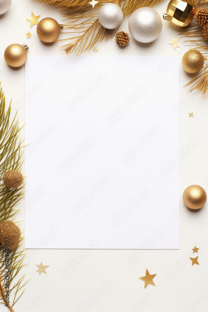 Christmas and New Year background with fir tree branches, golden baubles and blank paper sheet on white background. Christmas and New Year background with fir tree branches, golden baubles and blank paper sheet on white background.