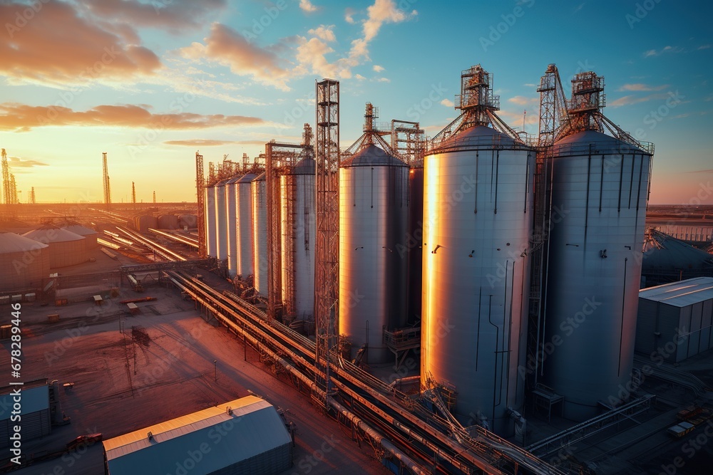 Obraz premium Industrial grain silos illuminated by evening light, creating a dramatic contrast with the blue sky at sunset.