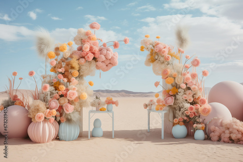 Weading decoration in desert. Pastel colored concept. photo