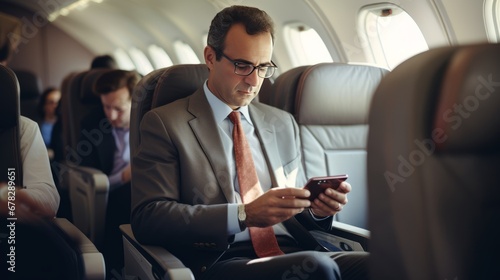 businessman using smartphone manage working schedule meeting on a plane business travelling ideas concept photo