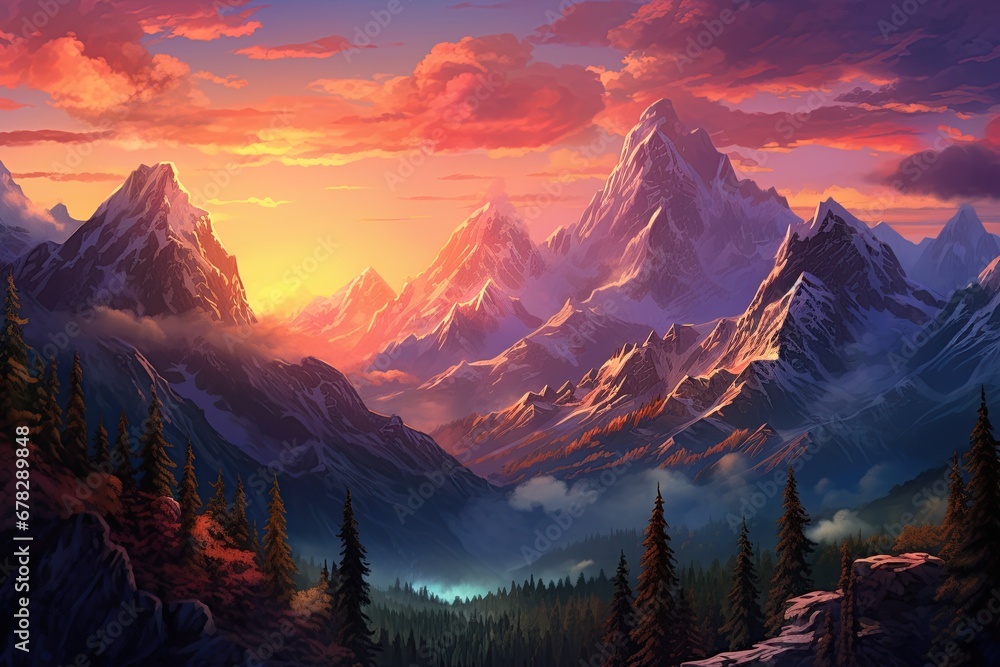 Mountain range at amazing sunset. Poster, wall art design. Ai Generative