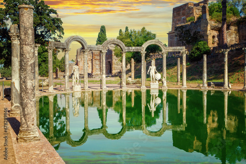 The ancient pool called Canopus, surrounded by Greek sculptures in Hadrian's Villa (Hadrian's Villa), Tivoli, Italy