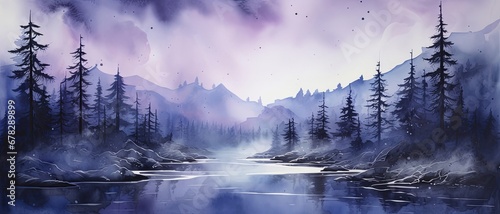 abstract watercolor landscape dark purple dark blue background with tree and river lake , generated by AI