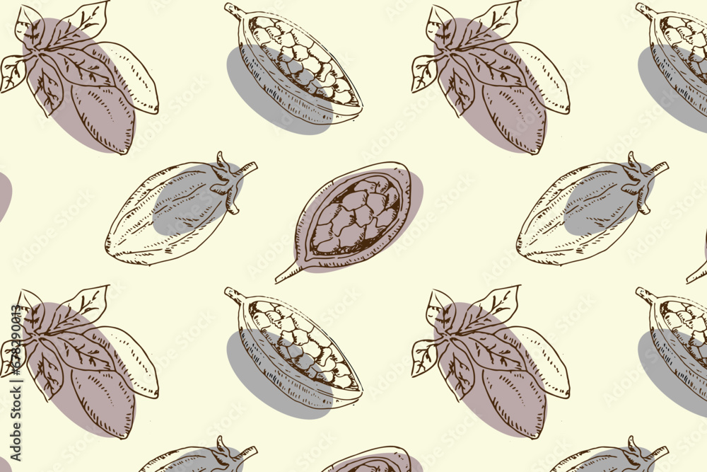 Cocoa or baobab beans, leaves - seamless pattern Cocoa or baobab beans, leaves - seamless pattern