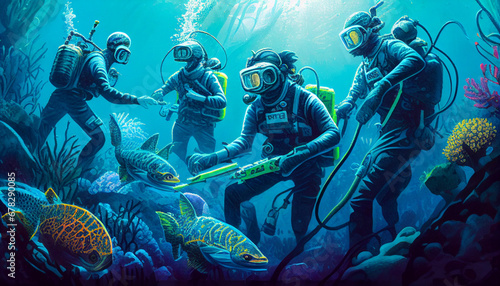 Mehrere Taucher mit Harpune und Fischen im Ozean Teamarbeit Unterwasserwelt mit Ausrüstung Generative AI