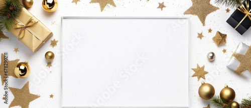Christmas and New Year greeting card. Festive decoration on white background. Top view, flat lay, copy space.
