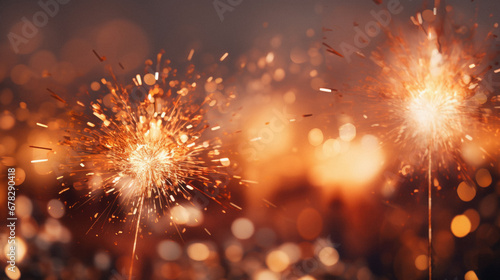 Burning sparklers on bokeh background. New Year celebration.