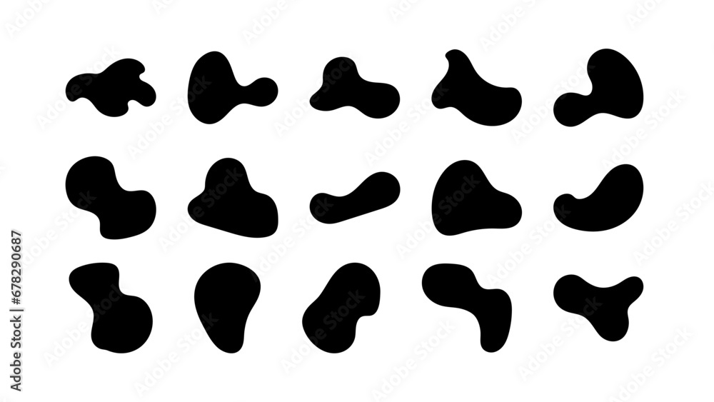Abstract organic black fluid blobs and liquid shadows random shapes. Liquid shapes, round abstract elements. Simple blotch water forms. Vector illustration on white bg.