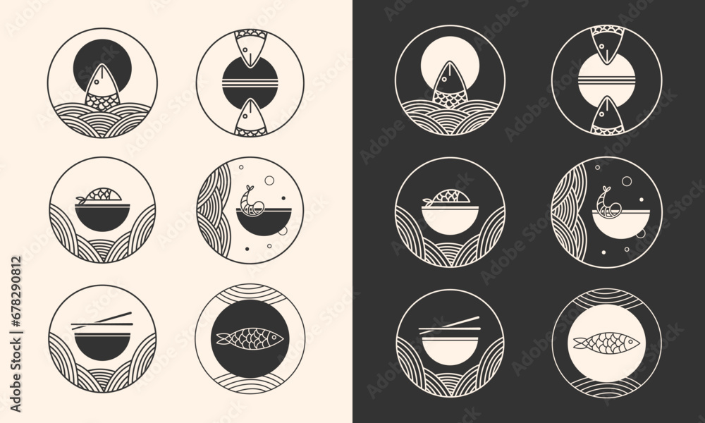 LOGO icon fish, noodle restaurant cafe vector set LOGO icon fish, noodle restaurant cafe vector set