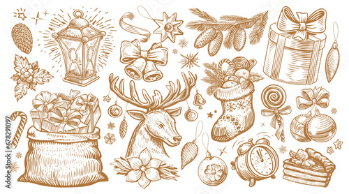Christmas concept. Hand drawn vector illustration set in retro sketch style, for holiday design