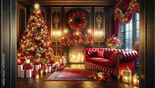 A 3D rendering of a luxurious red room with a Christmas tree, presents, and elegant furniture. Generative ai.