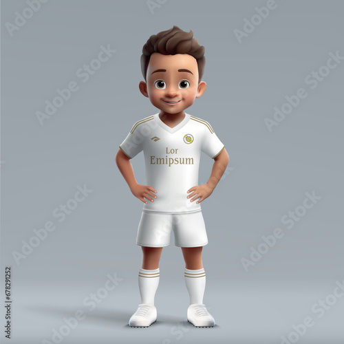 3d cartoon cute young soccer player in Real Madrid football uniform