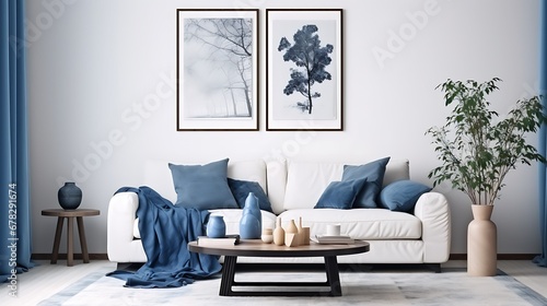 Aesthetic composition of cozy living room interior with mock up poster frame  modular sofa  blue pillows  wooden coffee table  patterned rug  curtain and personal accessories