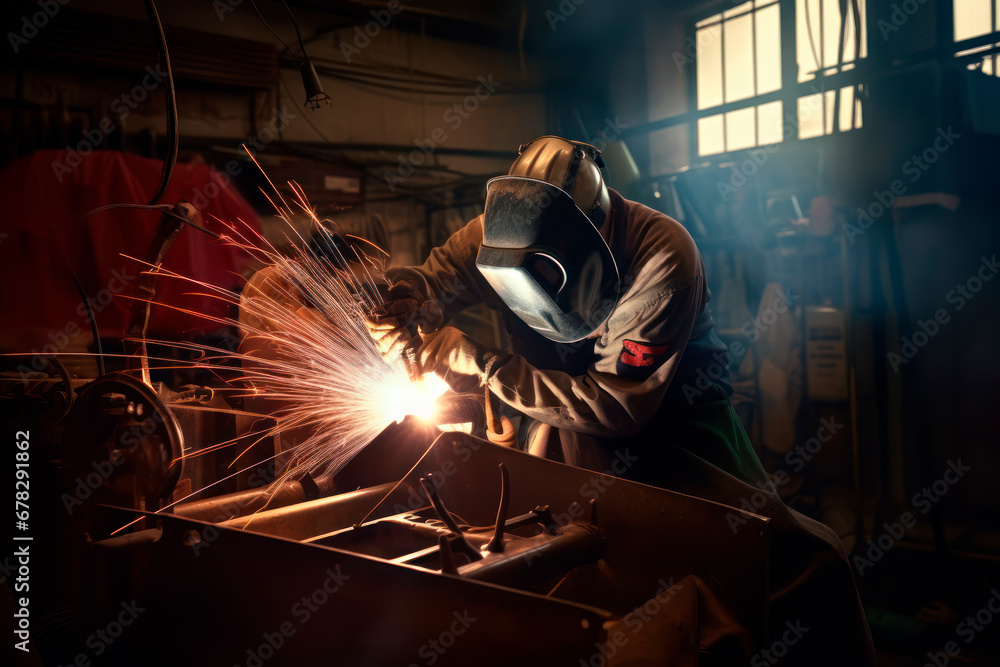 Masked welder works as welding machine at modern factory with the rest of the silver-colored machines Masked welder works as welding machine at modern factory with the rest of the silver-colored machines