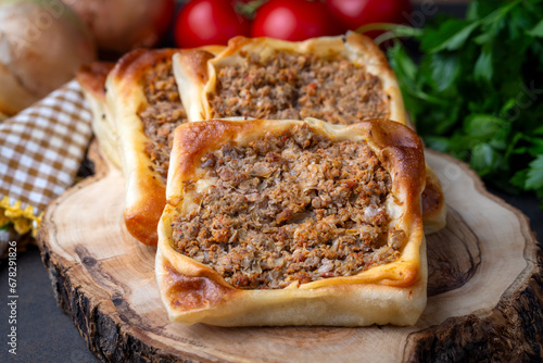 Traditional delicious Turkish foods; Kaytaz pastry with minced meat of Turkey Hatay - Antakya region (Turkish name; Kaytaz boregi)