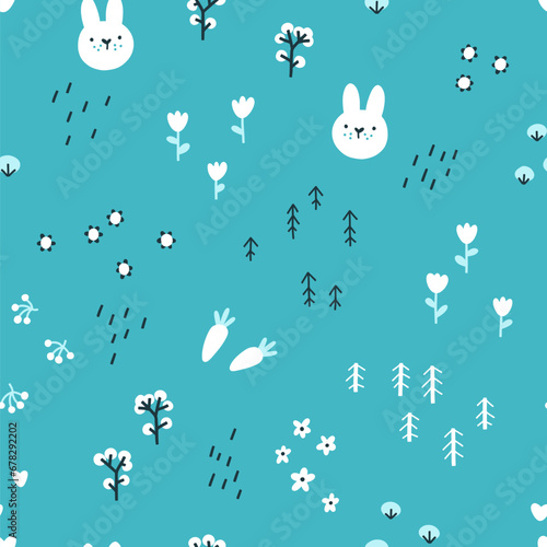 Forest rabbit seamless pattern. Cute character with carrots and flowers. Baby cartoon vector in simple hand-drawn Scandinavian style. Nursery illustration on blue background