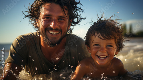 happy father and son playing with sea water on the beach © Daniel