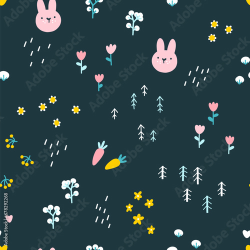 Forest rabbit seamless pattern. Cute character with carrots and flowers. Baby cartoon vector in simple hand-drawn Scandinavian style. Nursery illustration on dark background