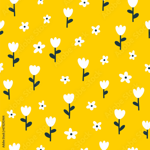 Floral seamless vector pattern with small flowers. Simple hand-drawn style. Motifs scattered liberty. Pretty ditsy for fabric, textile, wallpaper. Digital paper in yellow background.