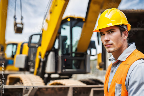 close-up of portrait man engineer worker wearing safety gear while operating heavy machinery