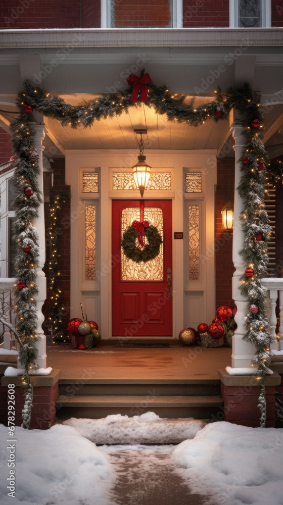 Front door of a house decorated for Christmas and New Year holidays.