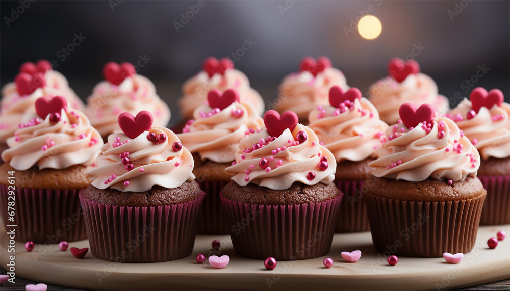 Festive cupcakes with a heart inside for Valentine's Day decorated with sprinkles with hearts. Love concept. Selective focus. Delicious sweets Valentine's Day