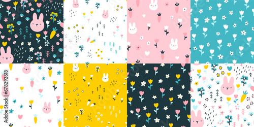 Rabbit seamless pattern set. Cute character with wildflowers and carrots. Baby cartoon vector in simple hand-drawn Scandinavian style. Nursery illustration on colorful palette.