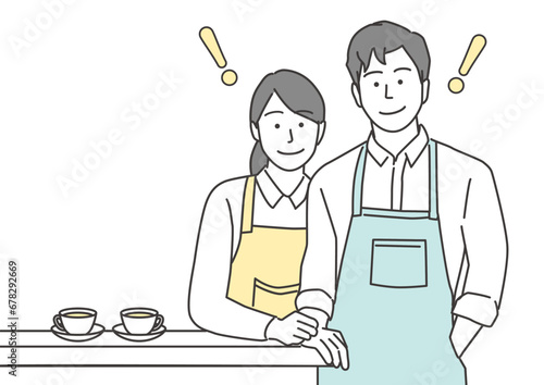 ひらめきを得たカフェ店員とカウンターに置かれたコーヒー