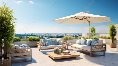 tropical casual relax beach vacation home terrace balcony easy minimal sofa armchair detail design with umbrella decorating tree garden background beautiful house design concept © VERTEX SPACE