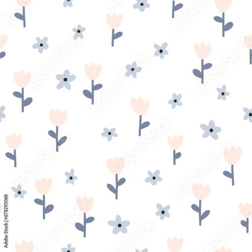 Floral seamless vector pattern with small flowers. Simple hand-drawn style. Motifs scattered liberty. Pretty ditsy for fabric, textile, wallpaper. Digital paper pastel on white background.