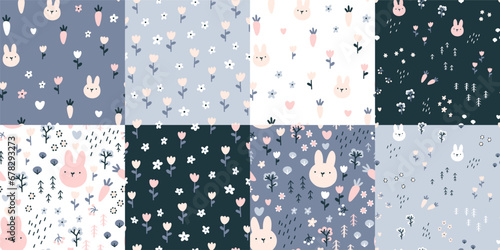 Rabbit seamless pattern set. Cute character with wildflowers and carrots. Baby cartoon vector in simple hand-drawn Scandinavian style. Nursery illustration on a pastel palette.