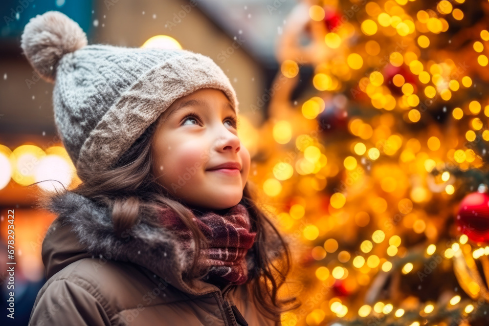 Close up side profile view of girl child standing next to a Christmas tree in the city, snow in the city square, christmas market, winter season, happy holidays Close up side profile view of girl child standing next to a Christmas tree in the city, snow in the city square, christmas market, winter season, happy holidays