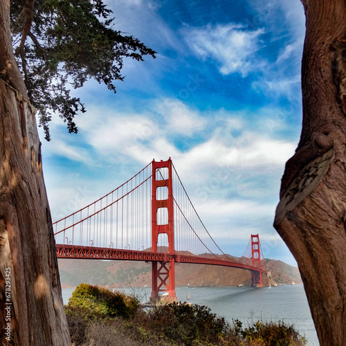 San Francisco Golden Gate Bridge framed between trees