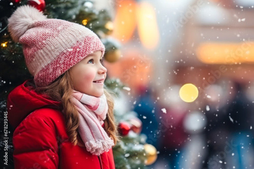 Wallpaper Mural Close up side profile view of girl child standing next to a Christmas tree in the city, snow in the city square, christmas market, winter season, happy holidays Torontodigital.ca