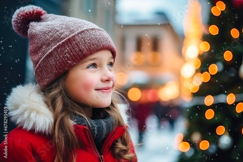 Wallpaper Mural Close up side profile view of girl child standing next to a Christmas tree in the city, snow in the city square, christmas market, winter season, happy holidays Torontodigital.ca