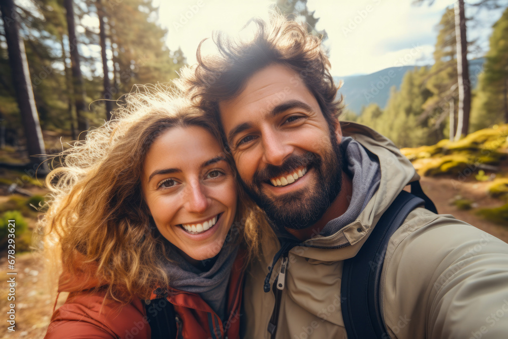 Cute romantic couple taking a selfie while hiking in a forest. Autumn season. Concept of togetherness in nature and wanderlust Cute romantic couple taking a selfie while hiking in a forest. Autumn season. Concept of togetherness in nature and wanderlust