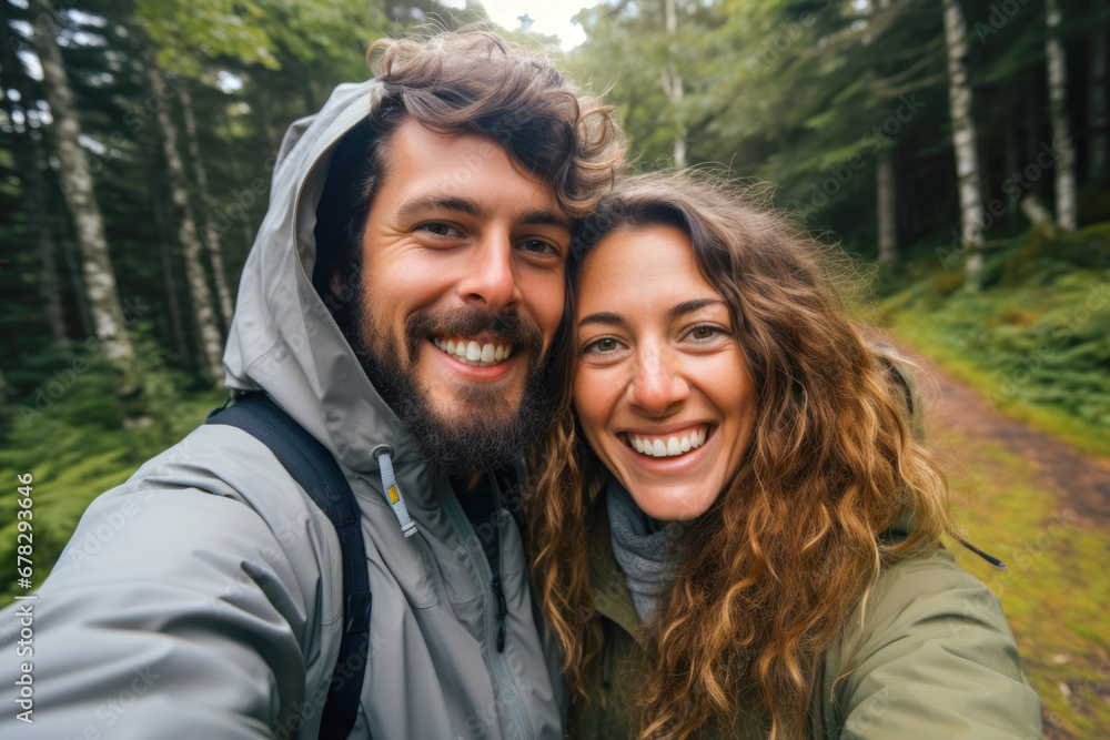 Cute romantic couple taking a selfie while hiking in a forest. Autumn season. Concept of togetherness in nature and wanderlust