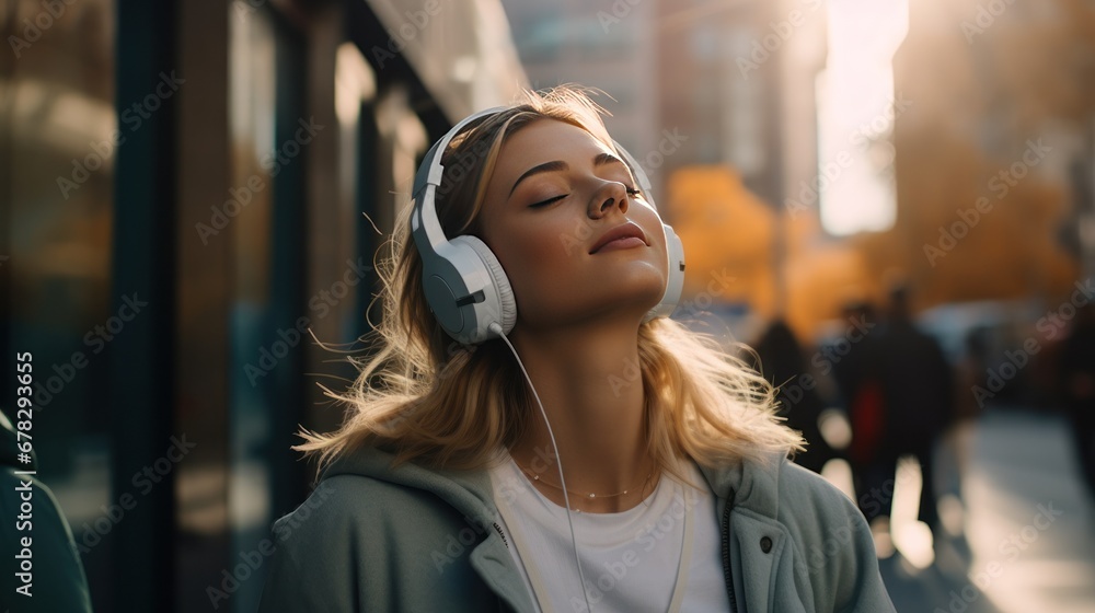 A young white girl is dressed in headphones, holding a phone in her hand. Closing his eyes dances on the streets of the city, listening to music, generative AI A young white girl is dressed in headphones, holding a phone in her hand. Closing his eyes dances on the streets of the city, listening to music, generative AI