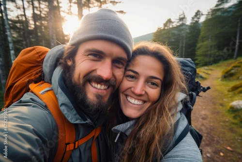 Cute romantic couple taking a selfie while hiking in a forest. Autumn season. Concept of togetherness in nature and wanderlust