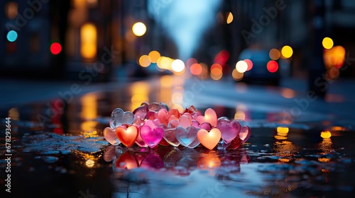 Small glass hearts on the road, evening in the city