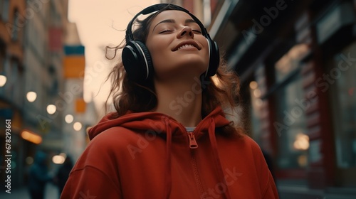 A young white girl is dressed in headphones, holding a phone in her hand. Closing his eyes dances on the streets of the city, listening to music, generative AI